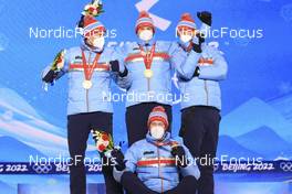 15.02.2022, Beijing, China (CHN): Tarjei Boe (NOR), Sturla Holm Laegreid (NOR), Vetle Sjaastad Christiansen (NOR), Johannes Thingnes Boe (NOR), (l-r) - XXIV. Olympic Winter Games Beijing 2022, Biathlon, medals, Beijing (CHN). www.nordicfocus.com. © Manzoni/NordicFocus. Every downloaded picture is fee-liable.