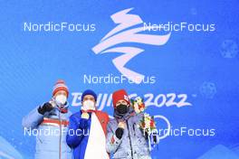 14.02.2022, Beijing, China (CHN): Tarjei Boe (NOR), Quentin Fillon Maillet (FRA), Eduard Latypov (ROC), (l-r) - XXIV. Olympic Winter Games Beijing 2022, Biathlon, medals, Beijing (CHN). www.nordicfocus.com. © Manzoni/NordicFocus. Every downloaded picture is fee-liable.