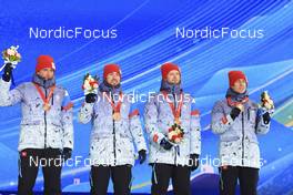 15.02.2022, Beijing, China (CHN): Said Karimulla Khalili (ROC), Alexander Loginov (ROC), Maxim Tsvetkov (ROC), Eduard Latypov (ROC), (l-r) - XXIV. Olympic Winter Games Beijing 2022, Biathlon, medals, Beijing (CHN). www.nordicfocus.com. © Manzoni/NordicFocus. Every downloaded picture is fee-liable.