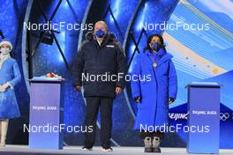 14.02.2022, Beijing, China (CHN): Niklas Carlsson (SWE), IBU Secretary General, Nawal el Moutawakel (MAR) (l-r) - XXIV. Olympic Winter Games Beijing 2022, Biathlon, medals, Beijing (CHN). www.nordicfocus.com. © Manzoni/NordicFocus. Every downloaded picture is fee-liable.