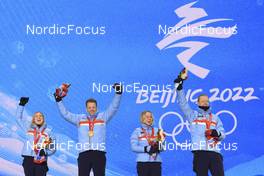 06.02.2022, Beijing, China (CHN): Marte Olsbu Roeiseland (NOR), Tarjei Boe (NOR), Tiril Eckhoff (NOR), Johannes Thingnes Boe (NOR), (l-r) - XXIV. Olympic Winter Games Beijing 2022, Biathlon, medals, Beijing (CHN). www.nordicfocus.com. © Manzoni/NordicFocus. Every downloaded picture is fee-liable.