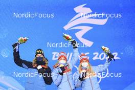 14.02.2022, Beijing, China (CHN): Elvira Oeberg (SWE), Marte Olsbu Roeiseland (NOR), Tiril Eckhoff (NOR), (l-r) - XXIV. Olympic Winter Games Beijing 2022, Biathlon, medals, Beijing (CHN). www.nordicfocus.com. © Manzoni/NordicFocus. Every downloaded picture is fee-liable.