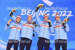15.02.2022, Beijing, China (CHN): Sturla Holm Laegreid (NOR), Tarjei Boe (NOR), Johannes Thingnes Boe (NOR), Vetle Sjaastad Christiansen (NOR), (l-r) - XXIV. Olympic Winter Games Beijing 2022, Biathlon, medals, Beijing (CHN). www.nordicfocus.com. © Manzoni/NordicFocus. Every downloaded picture is fee-liable.