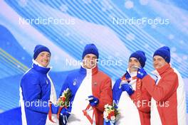 15.02.2022, Beijing, China (CHN): Fabien Claude (FRA), Emilien Jacquelin (FRA), Simon Desthieux (FRA), Quentin Fillon Maillet (FRA), (l-r) - XXIV. Olympic Winter Games Beijing 2022, Biathlon, medals, Beijing (CHN). www.nordicfocus.com. © Manzoni/NordicFocus. Every downloaded picture is fee-liable.