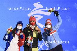 08.02.2022, Beijing, China (CHN): Anais Chevalier-Bouchet (FRA), Denise Herrmann (GER), Marte Olsbu Roeiseland (NOR), (l-r) - XXIV. Olympic Winter Games Beijing 2022, Biathlon, medals, Beijing (CHN). www.nordicfocus.com. © Manzoni/NordicFocus. Every downloaded picture is fee-liable.