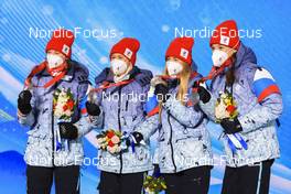 17.02.2022, Beijing, China (CHN): Irina Kazakevich (ROC), Kristina Reztsova (ROC), Svetlana Mironova (ROC), Uliana Nigmatullina (ROC), (l-r) - XXIV. Olympic Winter Games Beijing 2022, Biathlon, medals, Beijing (CHN). www.nordicfocus.com. © Manzoni/NordicFocus. Every downloaded picture is fee-liable.