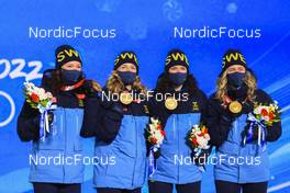 17.02.2022, Beijing, China (CHN): Linn Persson (SWE), Mona Brorsson (SWE), Hanna Oeberg (SWE), Elvira Oeberg (SWE), (l-r) - XXIV. Olympic Winter Games Beijing 2022, Biathlon, medals, Beijing (CHN). www.nordicfocus.com. © Manzoni/NordicFocus. Every downloaded picture is fee-liable.