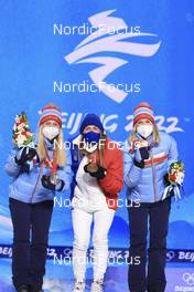 19.02.2022, Beijing, China (CHN): Tiril Eckhoff (NOR), Justine Braisaz-Bouchet (FRA), Marte Olsbu Roeiseland (NOR), (l-r) - XXIV. Olympic Winter Games Beijing 2022, Biathlon, medals, Beijing (CHN). www.nordicfocus.com. © Manzoni/NordicFocus. Every downloaded picture is fee-liable.