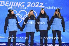 17.02.2022, Beijing, China (CHN): Linn Persson (SWE), Mona Brorsson (SWE), Hanna Oeberg (SWE), Elvira Oeberg (SWE), (l-r) - XXIV. Olympic Winter Games Beijing 2022, Biathlon, medals, Beijing (CHN). www.nordicfocus.com. © Manzoni/NordicFocus. Every downloaded picture is fee-liable.