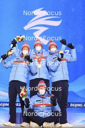 15.02.2022, Beijing, China (CHN): Tarjei Boe (NOR), Sturla Holm Laegreid (NOR), Vetle Sjaastad Christiansen (NOR), Johannes Thingnes Boe (NOR), (l-r) - XXIV. Olympic Winter Games Beijing 2022, Biathlon, medals, Beijing (CHN). www.nordicfocus.com. © Manzoni/NordicFocus. Every downloaded picture is fee-liable.