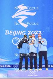 19.02.2022, Beijing, China (CHN): Martin Ponsiluoma (SWE), Johannes Thingnes Boe (NOR), Vetle Sjaastad Christiansen (NOR), (l-r) - XXIV. Olympic Winter Games Beijing 2022, Biathlon, medals, Beijing (CHN). www.nordicfocus.com. © Manzoni/NordicFocus. Every downloaded picture is fee-liable.