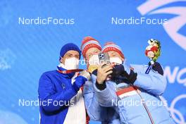 14.02.2022, Beijing, China (CHN): Quentin Fillon Maillet (FRA), Johannes Thingnes Boe (NOR), Tarjei Boe (NOR), (l-r) - XXIV. Olympic Winter Games Beijing 2022, Biathlon, medals, Beijing (CHN). www.nordicfocus.com. © Manzoni/NordicFocus. Every downloaded picture is fee-liable.