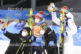 05.02.2022, Beijing, China (CHN): Tarjei Boe (NOR), Johannes Thingnes Boe (NOR), Michael Grossegger (AUT), (l-r) - XXIV. Olympic Winter Games Beijing 2022, Biathlon, mixed relay, Beijing (CHN). www.nordicfocus.com. © Manzoni/NordicFocus. Every downloaded picture is fee-liable.