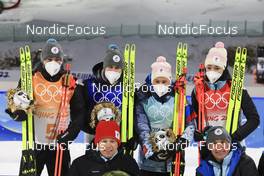 05.02.2022, Beijing, China (CHN): Alexander Loginov (ROC), Eduard Latypov (ROC), Kristina Reztsova (ROC), Uliana Nigmatullina (ROC), Victor Maygurov (ROC), (l-r) - XXIV. Olympic Winter Games Beijing 2022, Biathlon, mixed relay, Beijing (CHN). www.nordicfocus.com. © Manzoni/NordicFocus. Every downloaded picture is fee-liable.