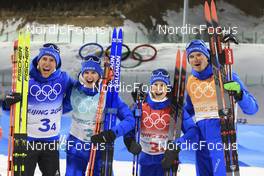 05.02.2022, Beijing, China (CHN): Quentin Fillon Maillet (FRA), Julia Simon (FRA), Anais Chevalier-Bouchet (FRA), Emilien Jacquelin (FRA), (l-r) - XXIV. Olympic Winter Games Beijing 2022, Biathlon, mixed relay, Beijing (CHN). www.nordicfocus.com. © Manzoni/NordicFocus. Every downloaded picture is fee-liable.