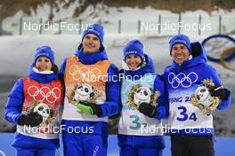 05.02.2022, Beijing, China (CHN): Anais Chevalier-Bouchet (FRA), Emilien Jacquelin (FRA), Julia Simon (FRA), Quentin Fillon Maillet (FRA), (l-r) - XXIV. Olympic Winter Games Beijing 2022, Biathlon, mixed relay, Beijing (CHN). www.nordicfocus.com. © Manzoni/NordicFocus. Every downloaded picture is fee-liable.