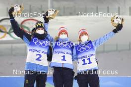 13.02.2022, Beijing, China (CHN): Elvira Oeberg (SWE), Marte Olsbu Roeiseland (NOR), Tiril Eckhoff (NOR), (l-r) - XXIV. Olympic Winter Games Beijing 2022, Biathlon, pursuit women, Beijing (CHN). www.nordicfocus.com. © Manzoni/NordicFocus. Every downloaded picture is fee-liable.