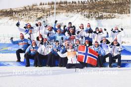 15.02.2022, Beijing, China (CHN): Sturla Holm Laegreid (NOR), Tarjei Boe (NOR), Johannes Thingnes Boe (NOR), Vetle Sjaastad Christiansen (NOR), Siegfried Mazet (FRA) coach team Norway, (l-r) - XXIV. Olympic Winter Games Beijing 2022, Biathlon, relay men, Beijing (CHN). www.nordicfocus.com. © Manzoni/NordicFocus. Every downloaded picture is fee-liable.