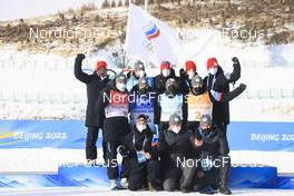 15.02.2022, Beijing, China (CHN): Said Karimulla Khalili (ROC), Eduard Latypov (ROC), Alexander Loginov (ROC), Maxim Tsvetkov (ROC), (l-r) - XXIV. Olympic Winter Games Beijing 2022, Biathlon, relay men, Beijing (CHN). www.nordicfocus.com. © Manzoni/NordicFocus. Every downloaded picture is fee-liable.