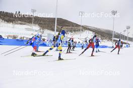 12.02.2022, Beijing, China (CHN): Sivert Guttorm Bakken (NOR), Filip Fjeld Andersen (NOR), Antonin Guigonnat (FRA), Didier Bionaz (ITA), Eric Perrot (FRA), Said Karimulla Khalili (ROC), Erik Lesser (GER), Malte Stefansson (SWE), (l-r) - XXIV. Olympic Winter Games Beijing 2022, Biathlon, training, Beijing (CHN). www.nordicfocus.com. © Manzoni/NordicFocus. Every downloaded picture is fee-liable.