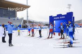 12.02.2022, Beijing, China (CHN): Sivert Guttorm Bakken (NOR), Filip Fjeld Andersen (NOR), Antonin Guigonnat (FRA), Didier Bionaz (ITA), Eric Perrot (FRA), Said Karimulla Khalili (ROC), Erik Lesser (GER), Malte Stefansson (SWE), Sigfired Mazet (FRA) (l-r) - XXIV. Olympic Winter Games Beijing 2022, Biathlon, training, Beijing (CHN). www.nordicfocus.com. © Manzoni/NordicFocus. Every downloaded picture is fee-liable.