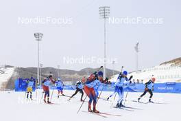 12.02.2022, Beijing, China (CHN): Sivert Guttorm Bakken (NOR), Filip Fjeld Andersen (NOR), Antonin Guigonnat (FRA), Didier Bionaz (ITA), Eric Perrot (FRA), Said Karimulla Khalili (ROC), Erik Lesser (GER), Malte Stefansson (SWE), (l-r) - XXIV. Olympic Winter Games Beijing 2022, Biathlon, training, Beijing (CHN). www.nordicfocus.com. © Manzoni/NordicFocus. Every downloaded picture is fee-liable.