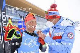 12.02.2022, Beijing, China (CHN): Erik Lesser (GER), Siegfried Mazet (FRA) coach team Norway, (l-r) - XXIV. Olympic Winter Games Beijing 2022, Biathlon, training, Beijing (CHN). www.nordicfocus.com. © Manzoni/NordicFocus. Every downloaded picture is fee-liable.