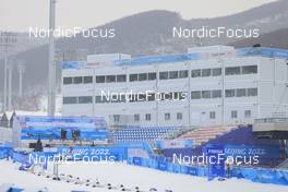 12.02.2022, Beijing, China (CHN): Event Feature: Overview over the commentary positions and the finish tribune - XXIV. Olympic Winter Games Beijing 2022, Biathlon, training, Beijing (CHN). www.nordicfocus.com. © Manzoni/NordicFocus. Every downloaded picture is fee-liable.
