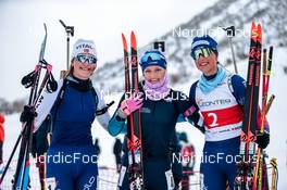 02.04.2022, Realp, Switzerland (SUI): Arnet Chiara (SUI), Sophie Perren Marlene (SUI), Laager Alessia (SUI), (l-r)  - Swiss Championships biathon, mass, Realp (SUI). www.nordicfocus.com. © Modica/NordicFocus. Every downloaded picture is fee-liable.