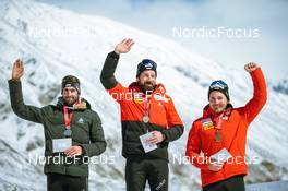 03.04.2022, Realp, Switzerland (SUI): Eligius Tambornino (SUI), Benjamin Weger (SUI), Joscha Burkhalter (SUI), (l-r) - Swiss Championships biathon, sprint, Realp (SUI). www.nordicfocus.com. © Modica/NordicFocus. Every downloaded picture is fee-liable.