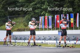 28.08.2022, Ruhpolding, Germany (GER): Roman Rees (GER), Justus Strelow (GER), Vitezslav Hornig (CZE), (l-r) - IBU Summer Biathlon World Championships, mass men, Ruhpolding (GER). www.nordicfocus.com. © Manzoni/NordicFocus. Every downloaded picture is fee-liable.