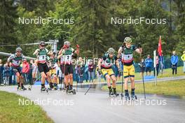 28.08.2022, Ruhpolding, Germany (GER): Niklas Hartweg (SUI), Johannes Kuehn (GER), Philipp Horn (GER), Peppe Femling (SWE), Sebastian Samuelsson (SWE), (l-r) - IBU Summer Biathlon World Championships, mass men, Ruhpolding (GER). www.nordicfocus.com. © Manzoni/NordicFocus. Every downloaded picture is fee-liable.