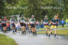 28.08.2022, Ruhpolding, Germany (GER): Vitezslav Hornig (CZE), Niklas Hartweg (SUI), Johannes Kuehn (GER), Philipp Horn (GER), Peppe Femling (SWE), Sebastian Samuelsson (SWE), (l-r) - IBU Summer Biathlon World Championships, mass men, Ruhpolding (GER). www.nordicfocus.com. © Manzoni/NordicFocus. Every downloaded picture is fee-liable.