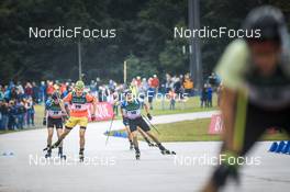 28.08.2022, Ruhpolding, Germany (GER): Sebastian Stalder (SUI), Martin Ponsiluoma (SWE), Rene Zahkna (EST), (l-r) - IBU Summer Biathlon World Championships, mass men, Ruhpolding (GER). www.nordicfocus.com. © Manzoni/NordicFocus. Every downloaded picture is fee-liable.