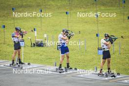 28.08.2022, Ruhpolding, Germany (GER): Vadim Kurales (KAZ), Otto Invenius (FIN), Leonhard Pfund (GER), (l-r) - IBU Summer Biathlon World Championships, pursuit junior men, Ruhpolding (GER). www.nordicfocus.com. © Manzoni/NordicFocus. Every downloaded picture is fee-liable.