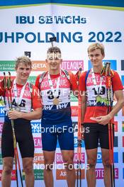 27.08.2022, Ruhpolding, Germany (GER): Tomas Mikyska (CZE), Jonas Marecek (CZE), Fabian Kaskel (GER), (l-r) - IBU Summer Biathlon World Championships, sprint junior men, Ruhpolding (GER). www.nordicfocus.com. © Manzoni/NordicFocus. Every downloaded picture is fee-liable.