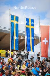 27.08.2022, Ruhpolding, Germany (GER): Event Feature: Podium flags - IBU Summer Biathlon World Championships, sprint men, Ruhpolding (GER). www.nordicfocus.com. © Manzoni/NordicFocus. Every downloaded picture is fee-liable.