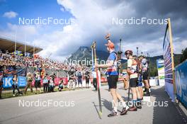 27.08.2022, Ruhpolding, Germany (GER): Lucas Fratzscher (GER), Michal Krcmar (CZE), Johannes Kuehn (GER), Niklas Hartweg (SUI), Peppe Femling (SWE), Sebastian Samuelsson (SWE), (l-r) - IBU Summer Biathlon World Championships, sprint men, Ruhpolding (GER). www.nordicfocus.com. © Manzoni/NordicFocus. Every downloaded picture is fee-liable.