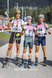25.08.2022, Ruhpolding, Germany (GER): Fabian Kaskel (GER), Maksim Fomin (LTU), Maxime Germain (USA), (l-r) - IBU Summer Biathlon World Championships, super sprint junior men, Ruhpolding (GER). www.nordicfocus.com. © Manzoni/NordicFocus. Every downloaded picture is fee-liable.