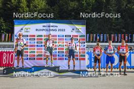 25.08.2022, Ruhpolding, Germany (GER): Fabian Kaskel (GER), Maksim Fomin (LTU), Maxime Germain (USA), Tomas Mikyska (CZE), Dmytrii Hrushchak (UKR), Jonas Marecek (CZE), (l-r) - IBU Summer Biathlon World Championships, super sprint junior men, Ruhpolding (GER). www.nordicfocus.com. © Manzoni/NordicFocus. Every downloaded picture is fee-liable.