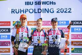25.08.2022, Ruhpolding, Germany (GER): Fabian Kaskel (GER), Maksim Fomin (LTU), Maxime Germain (USA), (l-r) - IBU Summer Biathlon World Championships, super sprint junior men, Ruhpolding (GER). www.nordicfocus.com. © Manzoni/NordicFocus. Every downloaded picture is fee-liable.