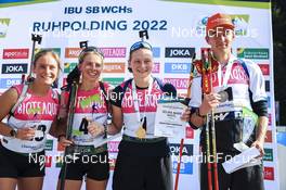 25.08.2022, Ruhpolding, Germany (GER): Marlene Fichtner (GER), Johanna Puff (GER), Selina Marie Kastl (GER), Fabian Kaskel (GER), (l-r) - IBU Summer Biathlon World Championships, super sprint junior women, Ruhpolding (GER). www.nordicfocus.com. © Manzoni/NordicFocus. Every downloaded picture is fee-liable.