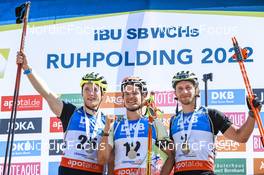 26.08.2022, Ruhpolding, Germany (GER): Sebastian Samuelsson (SWE), Philipp Horn (GER), Peppe Femling (SWE), (l-r) - IBU Summer Biathlon World Championships, super sprint men, Ruhpolding (GER). www.nordicfocus.com. © Manzoni/NordicFocus. Every downloaded picture is fee-liable.