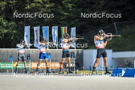 26.08.2022, Ruhpolding, Germany (GER): Sebastian Stalder (SUI), Heikki Laitinen (FIN), Dmytro Pidruchnyi (UKR), Joscha Burkhalter (SUI), (l-r) - IBU Summer Biathlon World Championships, super sprint men, Ruhpolding (GER). www.nordicfocus.com. © Manzoni/NordicFocus. Every downloaded picture is fee-liable.
