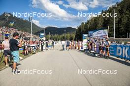 26.08.2022, Ruhpolding, Germany (GER): Sebastian Samuelsson (SWE), Philipp Horn (GER), Peppe Femling (SWE), Justus Strelow (GER), Heikki Laitinen (FIN), Philipp Nawrath (GER), (l-r) - IBU Summer Biathlon World Championships, super sprint men, Ruhpolding (GER). www.nordicfocus.com. © Manzoni/NordicFocus. Every downloaded picture is fee-liable.