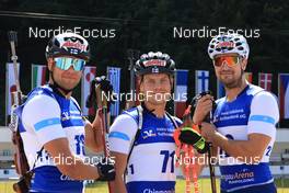 24.08.2022, Ruhpolding, Germany (GER): Jaakko Ranta (FIN), Heikki Laitinen (FIN), Olli Hiidensalo (FIN), (l-r) - IBU Summer Biathlon World Championships, Team Finland in the new Noname dress, Ruhpolding (GER). www.nordicfocus.com. © Manzoni/NordicFocus. Every downloaded picture is fee-liable.