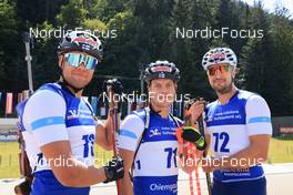 24.08.2022, Ruhpolding, Germany (GER): Jaakko Ranta (FIN), Heikki Laitinen (FIN), Olli Hiidensalo (FIN), (l-r) - IBU Summer Biathlon World Championships, Team Finland in the new Noname dress, Ruhpolding (GER). www.nordicfocus.com. © Manzoni/NordicFocus. Every downloaded picture is fee-liable.