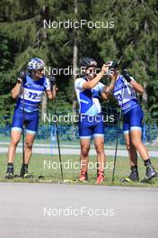 24.08.2022, Ruhpolding, Germany (GER): Olli Hiidensalo (FIN), Aku Moilanen (FIN), coach Team Finland, Jaakko Ranta (FIN), (l-r) - IBU Summer Biathlon World Championships, Team Finland in the new Noname dress, Ruhpolding (GER). www.nordicfocus.com. © Manzoni/NordicFocus. Every downloaded picture is fee-liable.