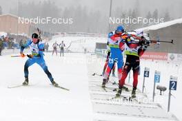 29.01.2022, Arber, Germany (GER): Emilien Claude (FRA), Nikita Porshnev (RUS), Haavard Gutuboe Bogetveit (NOR), (l-r) - IBU Open European Championships Biathlon, pursuit men, Arber (GER). www.nordicfocus.com. © Deubert/NordicFocus. Every downloaded picture is fee-liable.