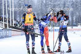 04.12.2022, Kontiolahti, Finland (FIN): Johannes Thingnes Boe (NOR), Emilien Jacquelin (FRA), Sturla Holm Laegreid (NOR), (l-r) - IBU World Cup Biathlon, pursuit men, Kontiolahti (FIN). www.nordicfocus.com. © Manzoni/NordicFocus. Every downloaded picture is fee-liable.